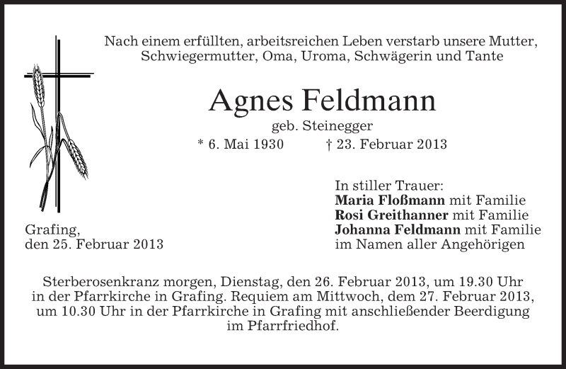  Traueranzeige für Agnes Feldmann vom 25.02.2013 aus merkurtz