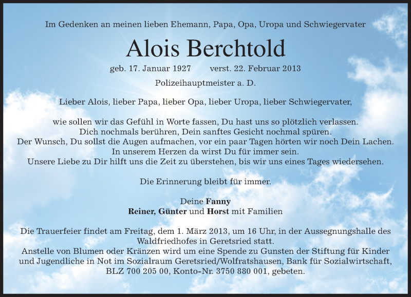  Traueranzeige für Alois Berchtold vom 26.02.2013 aus merkurtz