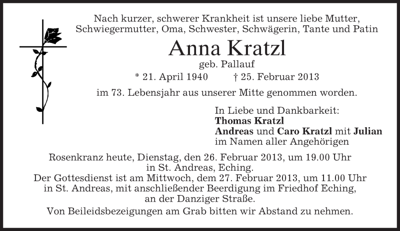  Traueranzeige für Anna Kratzl vom 26.02.2013 aus merkurtz