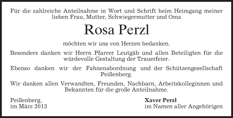  Traueranzeige für Rosa Perzl vom 02.03.2013 aus merkurtz