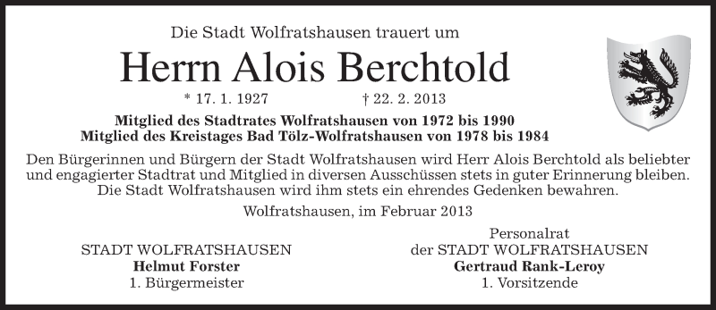  Traueranzeige für Alois Berchtold vom 27.02.2013 aus merkurtz