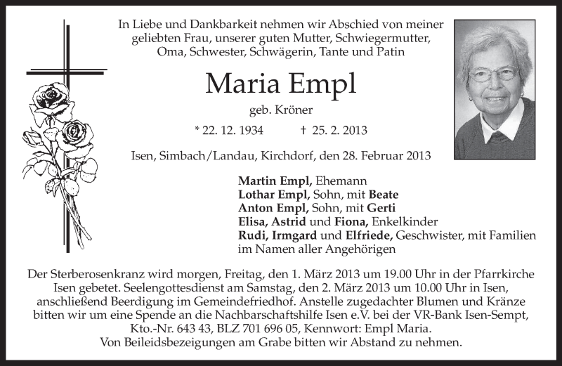  Traueranzeige für Maria Empl vom 28.02.2013 aus merkurtz