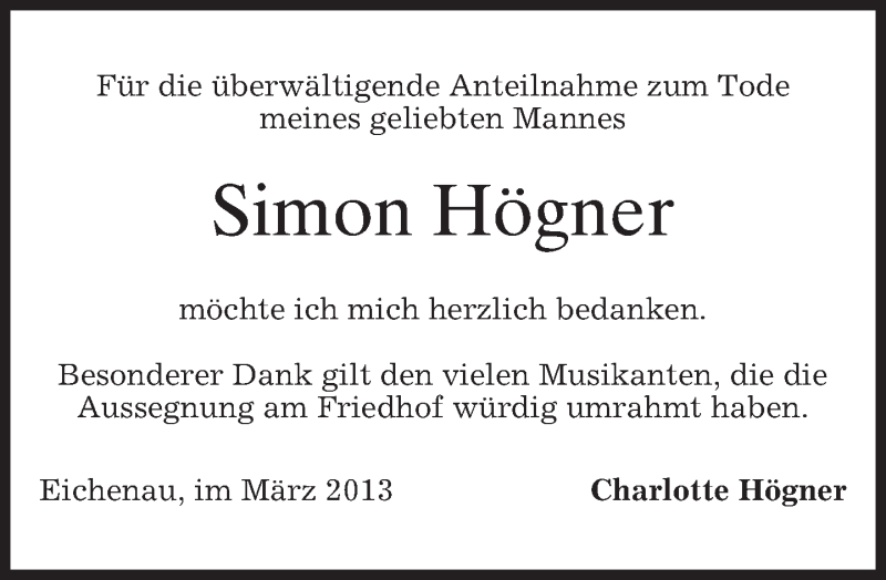  Traueranzeige für Simon Högner vom 09.03.2013 aus merkurtz