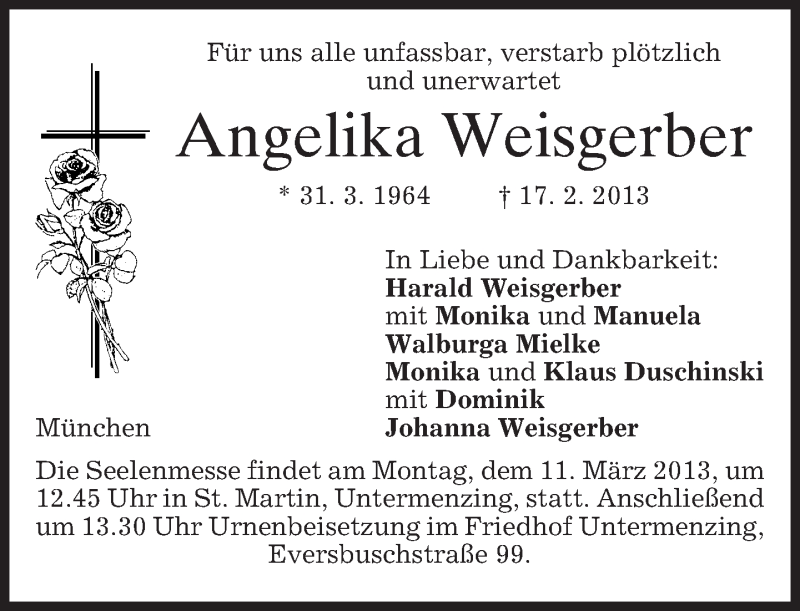  Traueranzeige für Angelika Weisgerber vom 02.03.2013 aus merkurtz