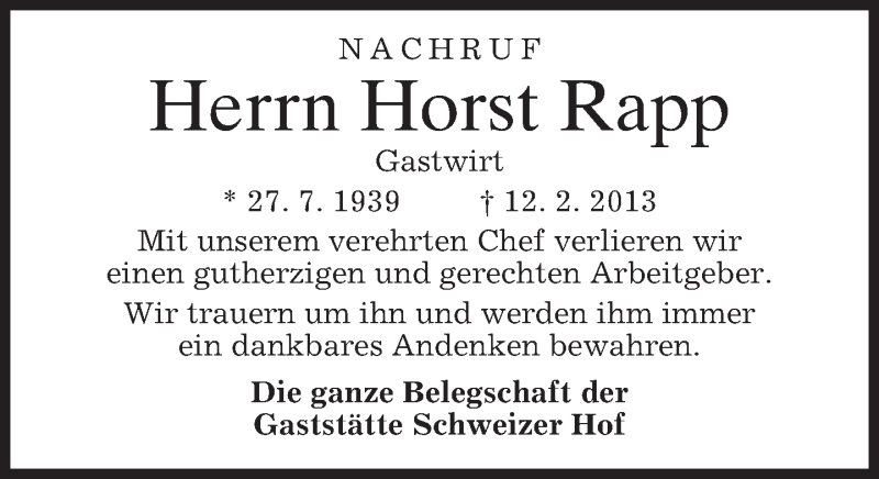  Traueranzeige für Horst Rapp vom 02.03.2013 aus merkurtz