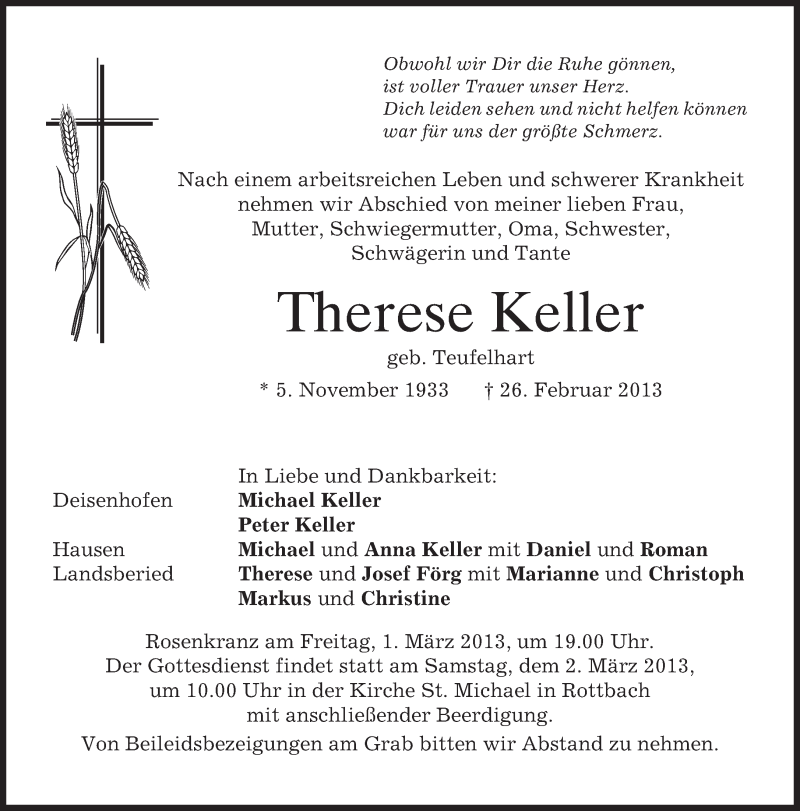  Traueranzeige für Therese Keller vom 28.02.2013 aus merkurtz