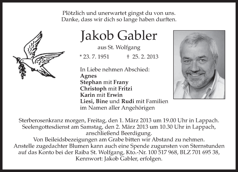  Traueranzeige für Jakob Gabler vom 28.02.2013 aus merkurtz