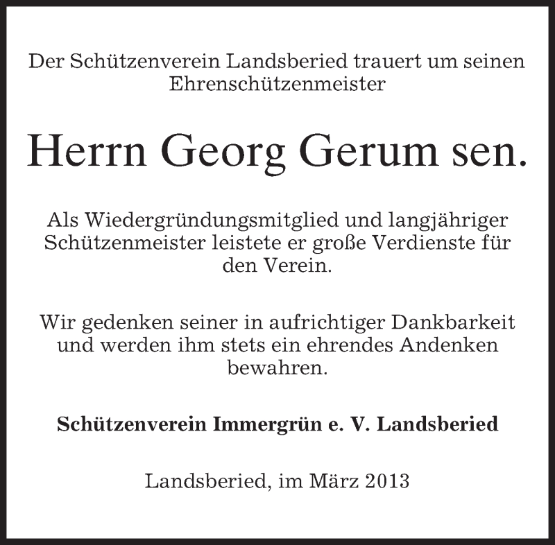  Traueranzeige für Georg Gerum vom 01.03.2013 aus merkurtz