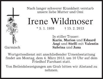 Traueranzeige von Irene Wildmoser von merkurtz