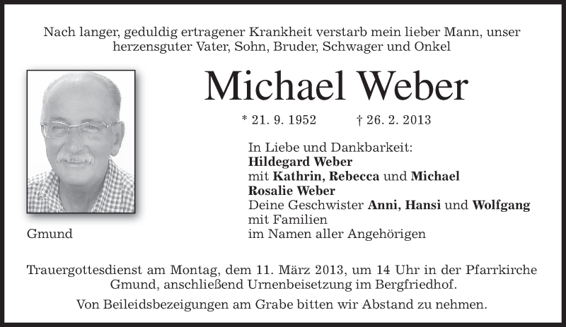  Traueranzeige für Michael Weber vom 06.03.2013 aus merkurtz