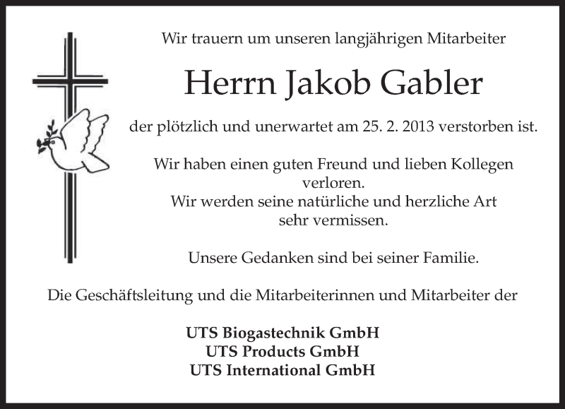  Traueranzeige für Jakob Gabler vom 02.03.2013 aus merkurtz