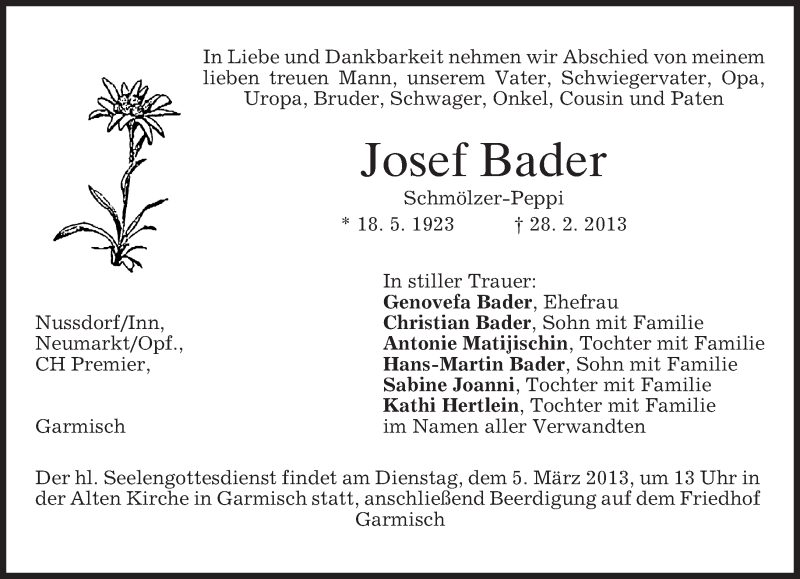  Traueranzeige für Josef Bader vom 02.03.2013 aus merkurtz