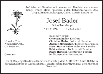 Traueranzeige von Josef Bader von merkurtz