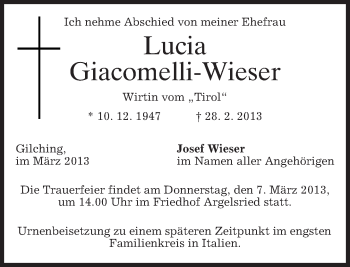 Traueranzeige von Lucia Giacomelli-Wieser von merkurtz