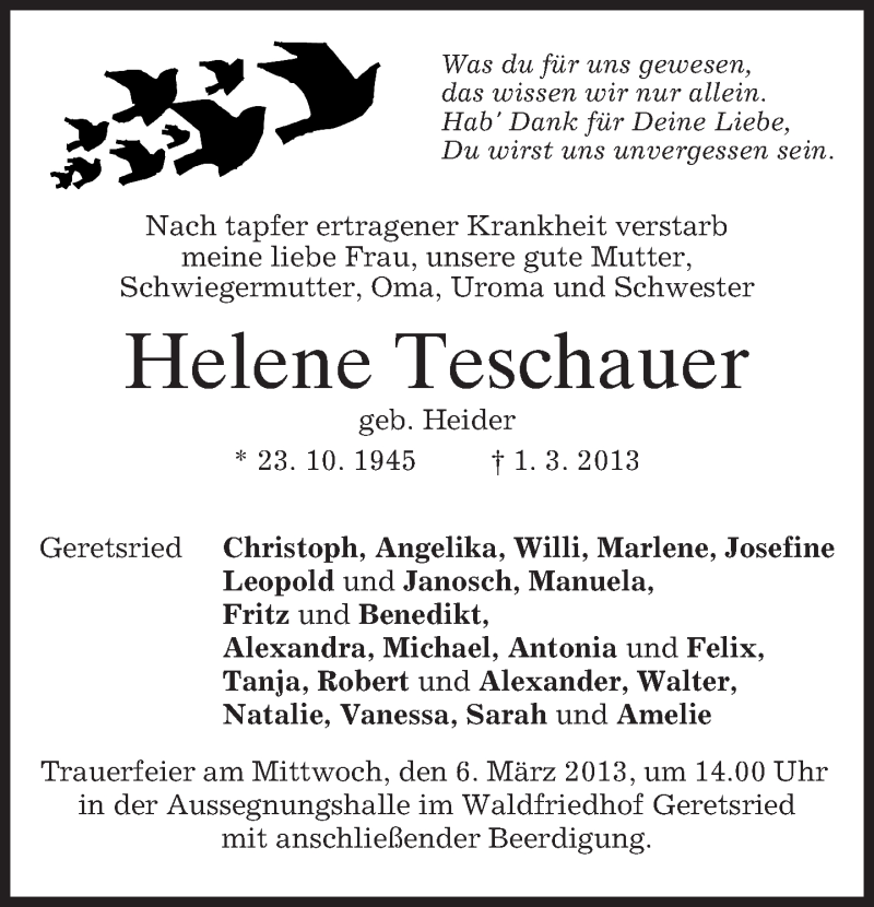  Traueranzeige für Helene Ida Teschauer vom 04.03.2013 aus merkurtz