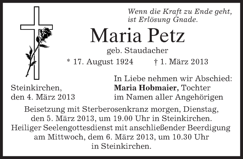  Traueranzeige für Maria Petz vom 04.03.2013 aus merkurtz