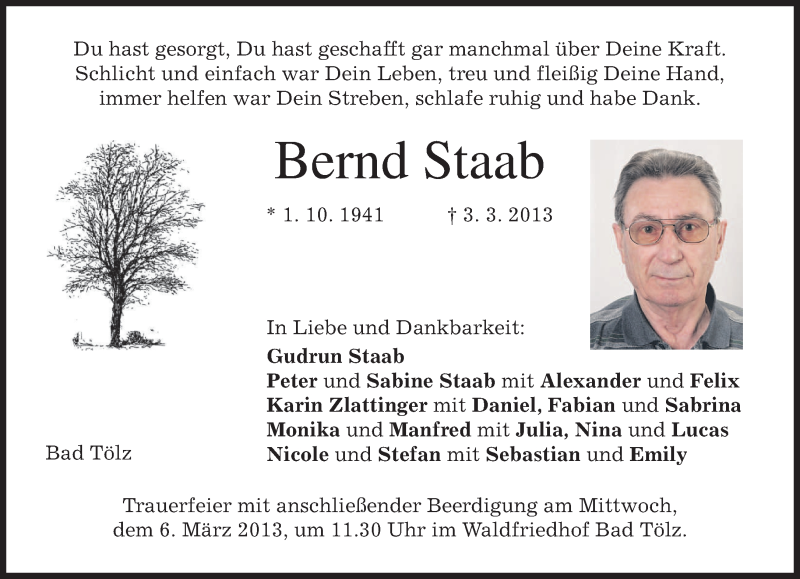  Traueranzeige für Bernd Staab vom 05.03.2013 aus merkurtz