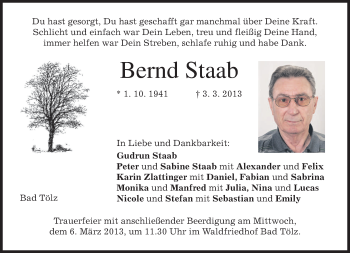 Traueranzeige von Bernd Staab von merkurtz
