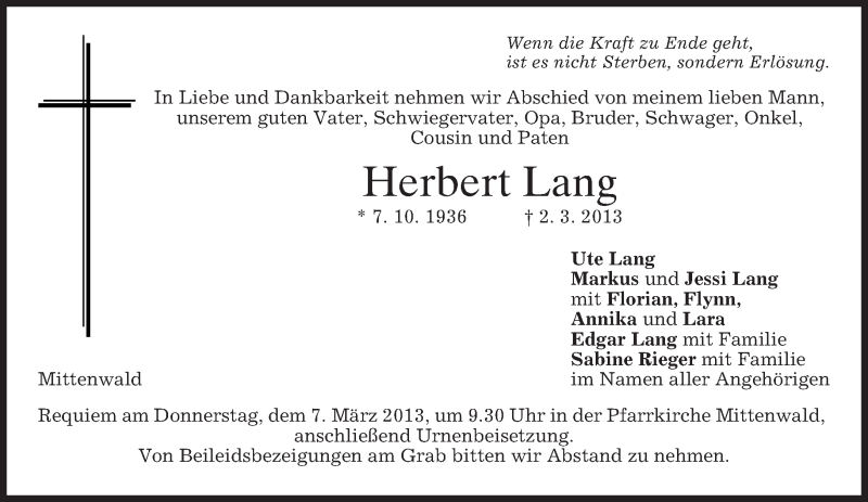  Traueranzeige für Herbert Lang vom 05.03.2013 aus merkurtz