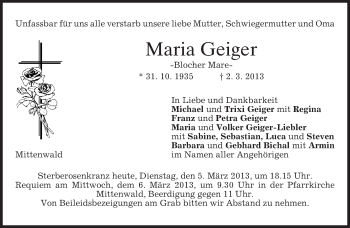 Traueranzeigen von Maria Geiger | trauer.merkur.de