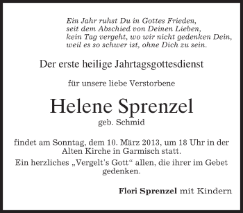 Traueranzeige von Helene Sprenzel von merkurtz