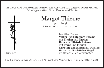 Traueranzeige von Margot Thieme von merkurtz