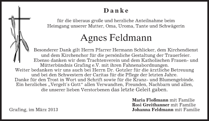  Traueranzeige für Agnes Feldmann vom 09.03.2013 aus merkurtz