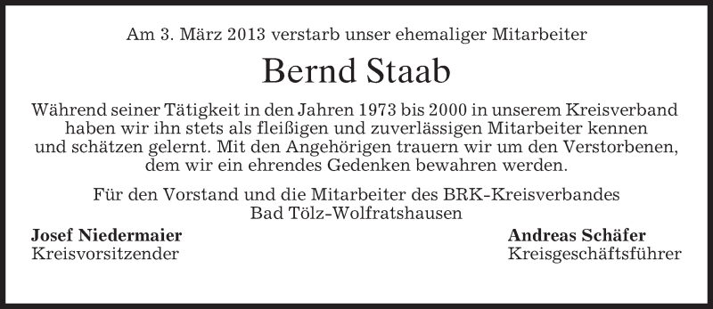  Traueranzeige für Bernd Staab vom 09.03.2013 aus merkurtz