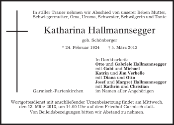 Traueranzeige von Katharina Hallmannsegger von merkurtz