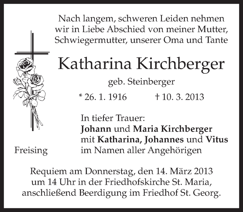  Traueranzeige für Katharina Kirchberger vom 12.03.2013 aus merkurtz
