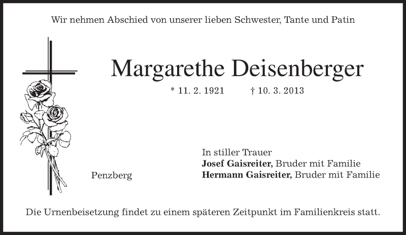  Traueranzeige für Margarethe Deisenberger vom 13.03.2013 aus merkurtz