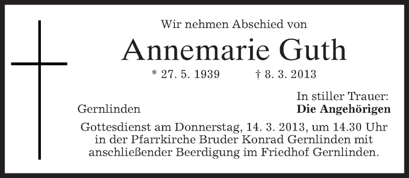  Traueranzeige für Annemarie Guth vom 13.03.2013 aus merkurtz