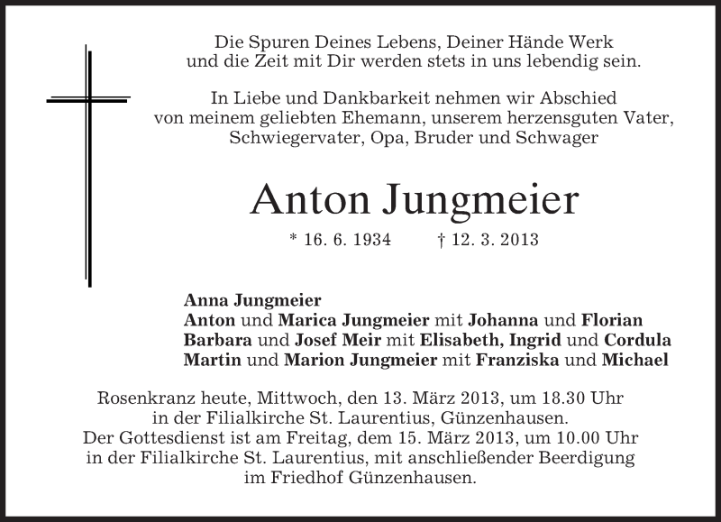  Traueranzeige für Anton Jungmeier vom 13.03.2013 aus merkurtz