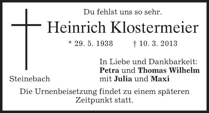  Traueranzeige für Heinrich Klostermeier vom 16.03.2013 aus merkurtz