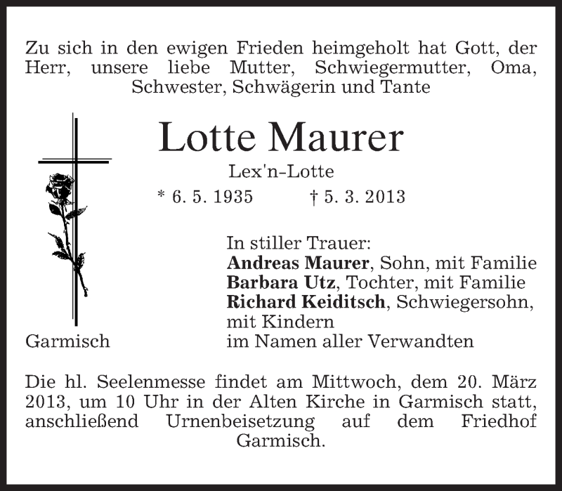  Traueranzeige für Lotte Maurer vom 16.03.2013 aus merkurtz