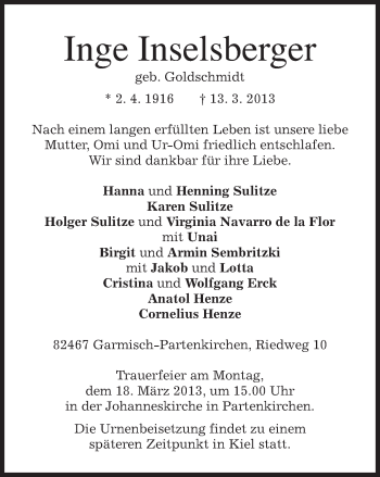 Traueranzeige von Inge Inselsberger von merkurtz