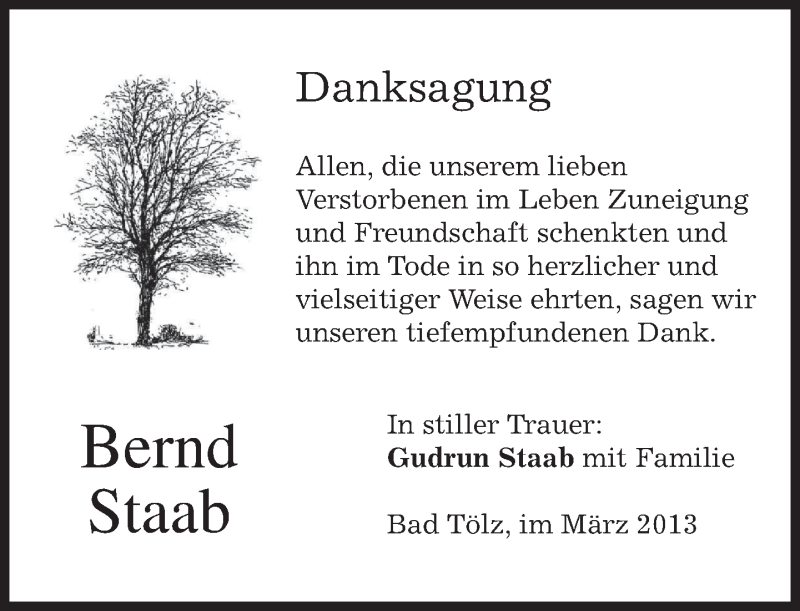  Traueranzeige für Bernd Staab vom 16.03.2013 aus merkurtz