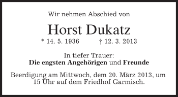 Traueranzeige von Horst Dukatz von merkurtz