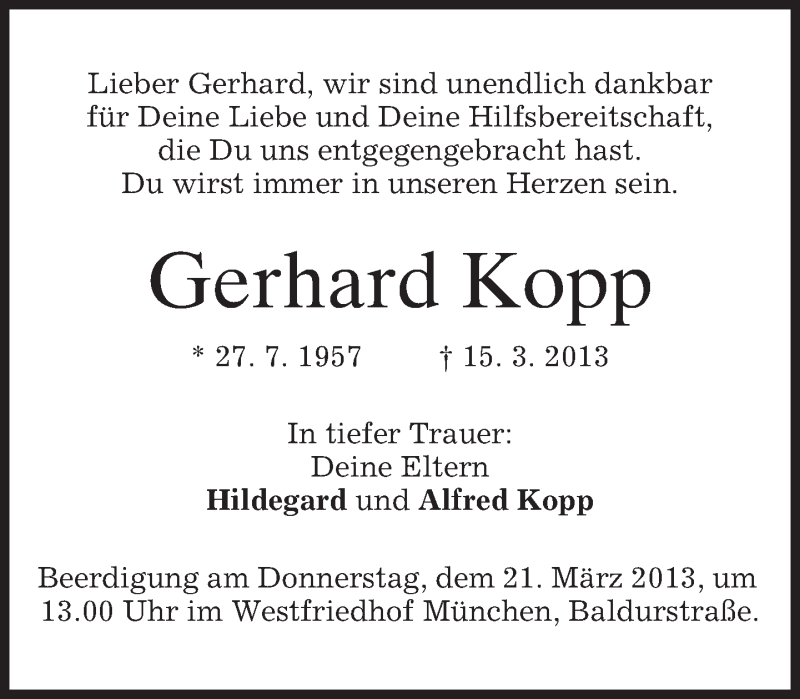  Traueranzeige für Gerhard Kopp vom 19.03.2013 aus merkurtz