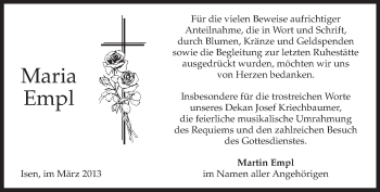Traueranzeige von Maria Empl von merkurtz