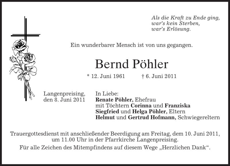  Traueranzeige für Bernd Pöhler vom 08.06.2011 aus MERKUR & TZ