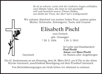 Traueranzeige von Elisabeth Pischl von merkurtz