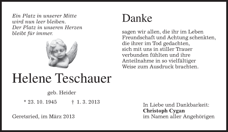  Traueranzeige für Helene Ida Teschauer vom 23.03.2013 aus merkurtz
