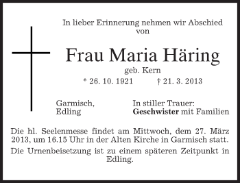 Traueranzeige von Maria Häring von merkurtz