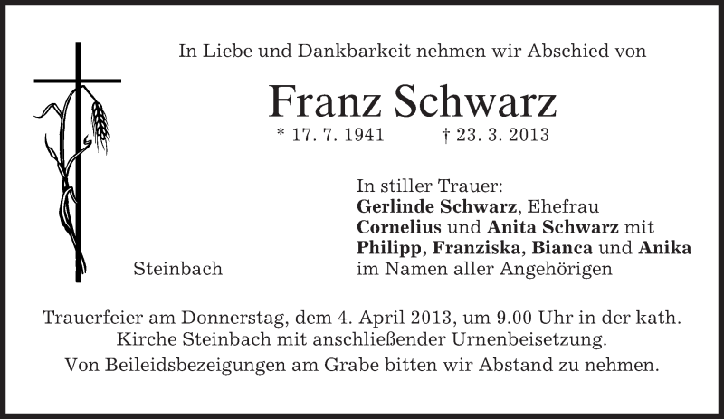  Traueranzeige für Franz Schwarz vom 30.03.2013 aus merkurtz