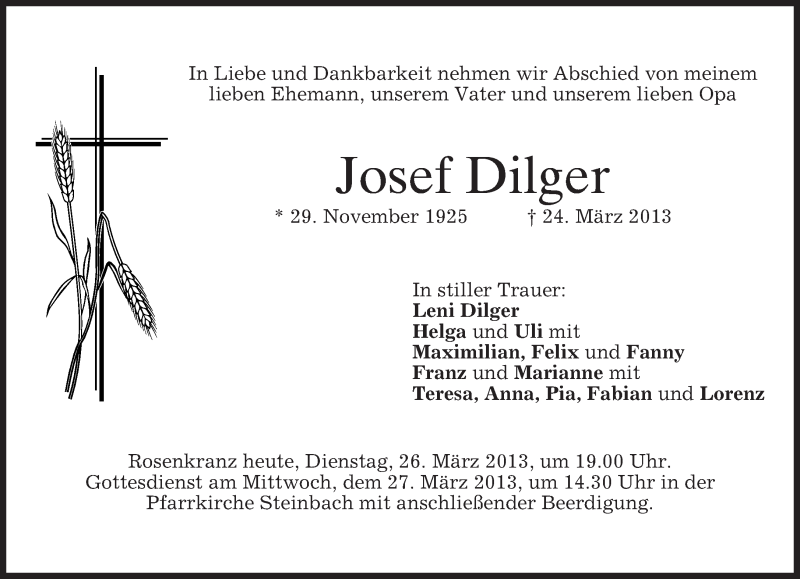 Traueranzeige für Josef Dilger vom 26.03.2013 aus merkurtz