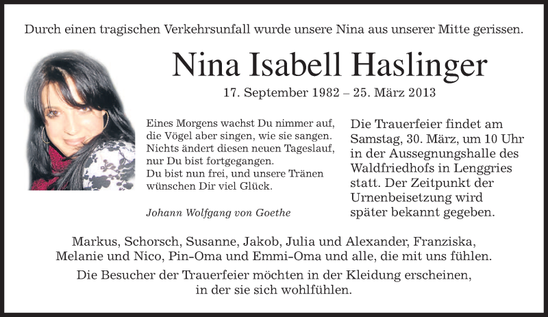  Traueranzeige für Nina Isabell Haslinger vom 27.03.2013 aus merkurtz