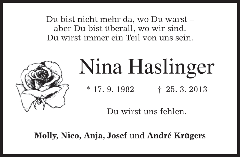  Traueranzeige für Nina Isabell Haslinger vom 28.03.2013 aus merkurtz