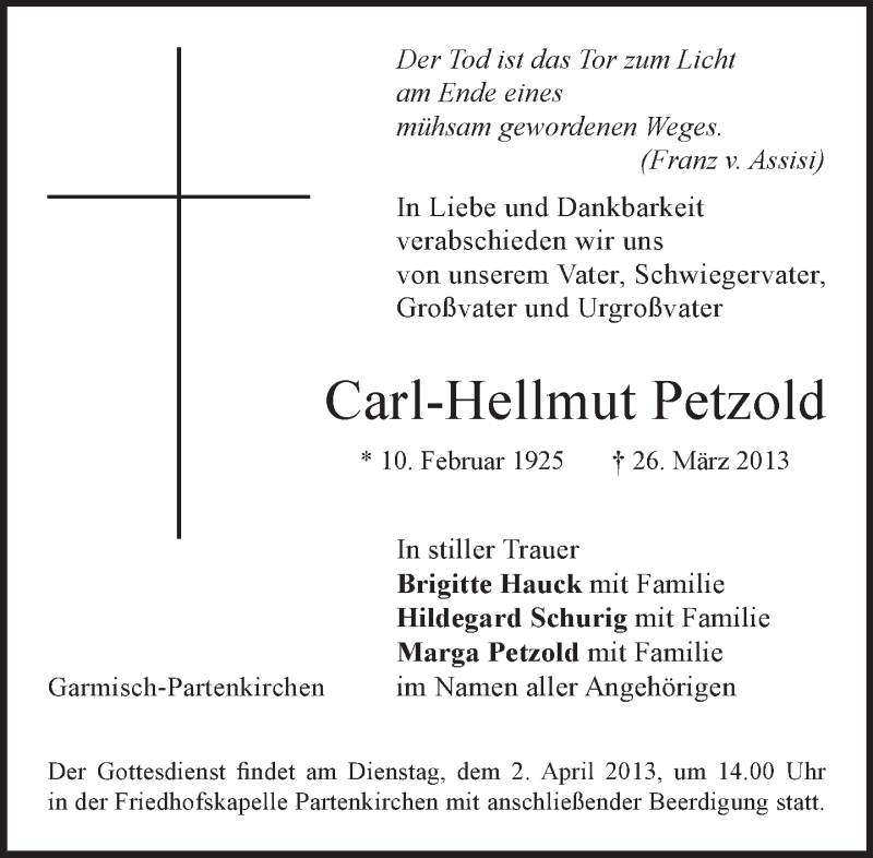  Traueranzeige für Carl-Hellmut Petzold vom 30.03.2013 aus merkurtz