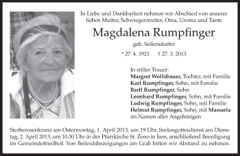 Traueranzeige von Magdalena Rumpfinger von merkurtz